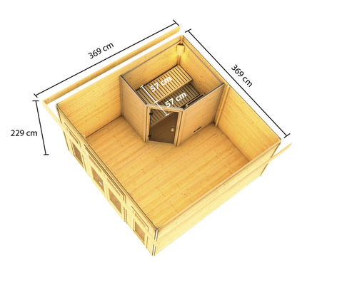 Bovenaanzicht van een tuinhuis met sauna en afmetingen: 369 cm lengte, 229 cm hoogte en 57 cm saunabanken.