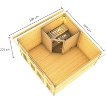 Illustratie van een houten blokhutsauna met afmetingen