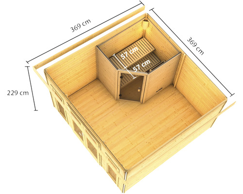 Illustratie van een houten blokhutsauna met afmetingen