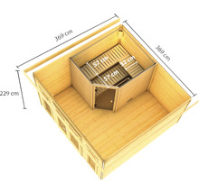 Binnenaanzicht van een houten sauna met afmetingen van 369 bij 369 bij 229 centimeter, inclusief banken en deur