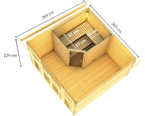 Binnenaanzicht van een houten sauna met afmetingen van 369 bij 369 bij 229 centimeter, inclusief banken en deur