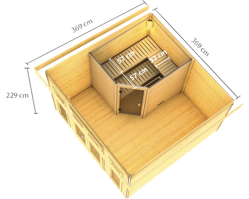 Interieurbeeld van een houten sauna met maatvoering voor lengte en breedte