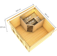 Bovenaanzicht van een tuinsauna met de afmetingen 369 bij 369 bij 229 centimeter.