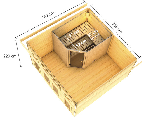 Bovenaanzicht van een tuinsauna met de afmetingen 369 bij 369 bij 229 centimeter.