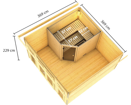 Bovenaanzicht van een houten huis met sauna en de maatindicaties 369 cm, 229 cm, 57 cm en 52 cm