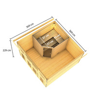 Bovenaanzicht van een tuinsauna met de afmetingen 369 bij 369 bij 229 centimeter.