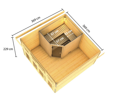Bovenaanzicht van een tuinsauna met de afmetingen 369 bij 369 bij 229 centimeter.