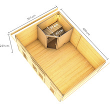 Illustratie van een houten huis met sauna en afmetingen.