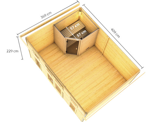 Illustratie van een houten huis met sauna en afmetingen.