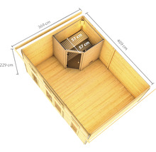 Gedetailleerde weergave van een houten tuinhuis met geïntegreerde sauna en maatgegevens