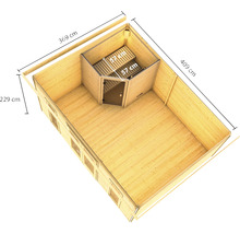 Interieurbeeld van een houten tuinhuis met sauna en afmetingen
