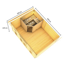 Bovenaanzicht van een blokhutsauna met afmetingen van de buitenmuren en het interieur