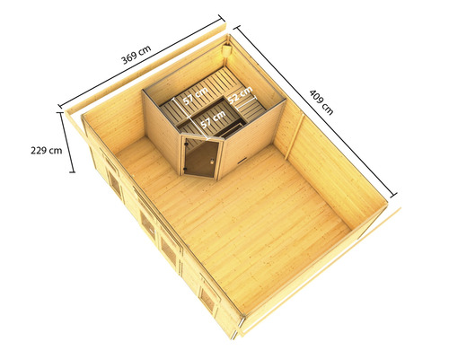 Bovenaanzicht van een blokhutsauna met afmetingen van de buitenmuren en het interieur