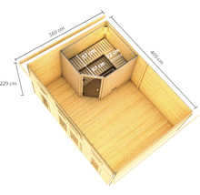 Illustratie van een houten tuinhuis met geïntegreerde sauna en maatvoering.