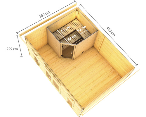 Illustratie van een houten tuinhuis met geïntegreerde sauna en maatvoering.
