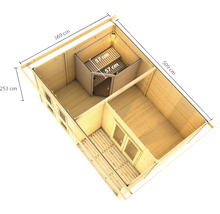 Plattegrond van een houten huis met sauna en afmetingen