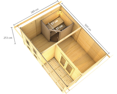 Plattegrond van een houten huis met sauna en afmetingen