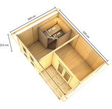Plattegrond van een houten tuinhuis met sauna, afmetingen 369 x 509 x 253 cm
