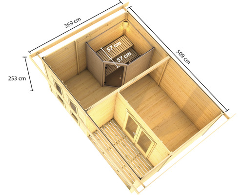 Plattegrond van een houten tuinhuis met sauna, afmetingen 369 x 509 x 253 cm