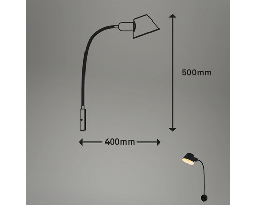 Technische tekening van een wandlamp met de afmetingen 500 mm hoog en 400 mm diep