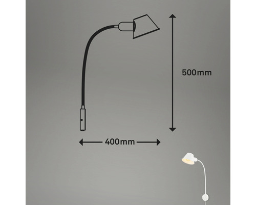 Afbeelding van een wandlamp met flexibele arm en de afmetingen 500 mm hoog en 400 mm breed.