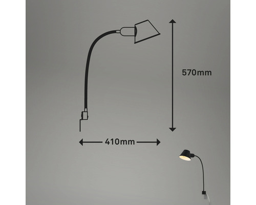Afbeelding van een clip-on lamp met afmetingen van 570 millimeter hoog en 410 millimeter uitval