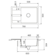 Technische tekening van een aanrecht met maatvoering