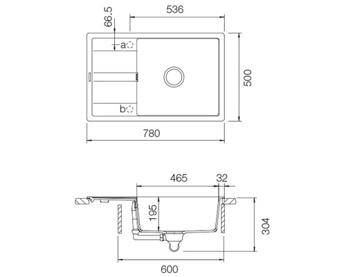 Technische tekening van een aanrecht met maatvoering