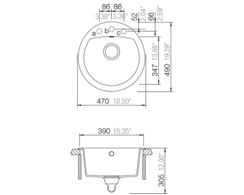 Technische tekening van een wastafel met afmetingen
