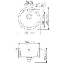 Technische tekening van een spoelbak met afmetingen