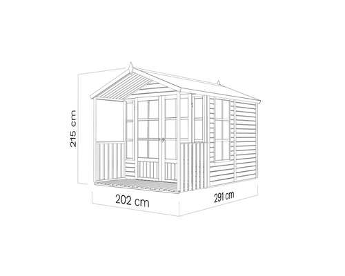 Afbeelding van een tuinhuis met de afmetingen 215 cm hoog, 202 cm breed en 291 cm lang