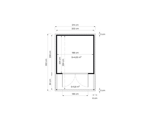 Plattegrondtekening met afmetingen van een tuinhuis