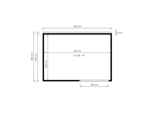 Plattegrond met afmetingen: 240 cm hoogte, 336 cm breedte, oppervlakte 7,65 vierkante meter