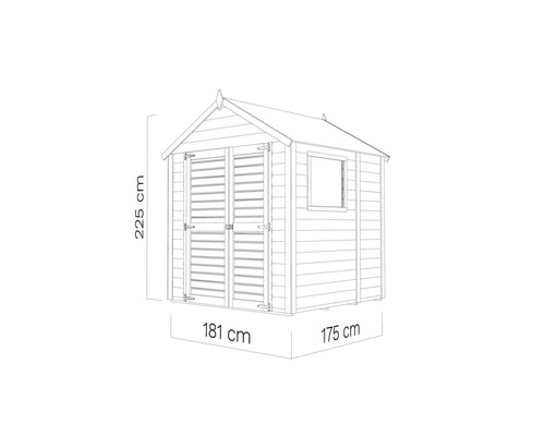 Afbeelding van een tuinhuis met afmetingen: 225 cm hoog, 181 cm breed en 175 cm diep.