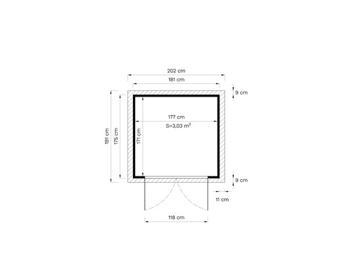 Plattegrond van een tuinhuis met afmetingen