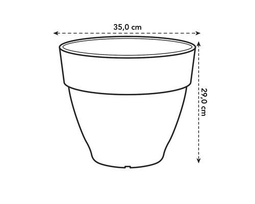 Illustratie van een bloempot met afmetingen van 35 centimeter breed en 29 centimeter hoog.