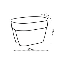 Illustratie van een plantenbak met afmetingen van 26 centimeter breed, 22 centimeter hoog en 39 centimeter lang