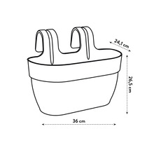 Afbeelding van een balkonbak met de afmetingen 36 cm breed, 24,1 cm diep en 26,5 cm hoog.