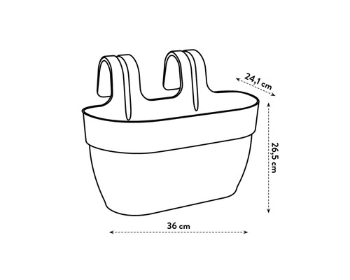 Afmetingen van een balkonbak: 24,1 cm breed, 26,5 cm hoog en 36 cm lang.