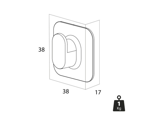 Afmetingen van een enkele wandhaak met een draagvermogen van één kilogram