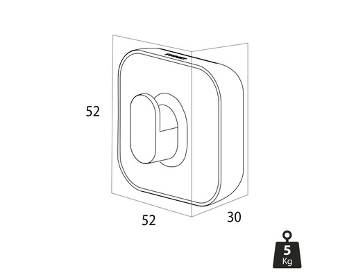 Enkele wandhaak met afmetingen 52 x 52 x 30 mm en een draagvermogen van 5 kg.
