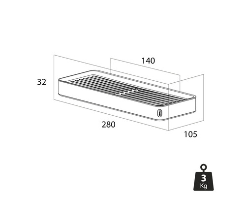Technische tekening van een doucheplank met de afmetingen 280 x 105 x 32 mm en een diepte van 140 mm, gewicht 3 kg.
