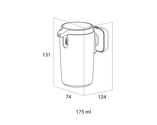 Technische tekening van een zeepdispenser met afmetingen
