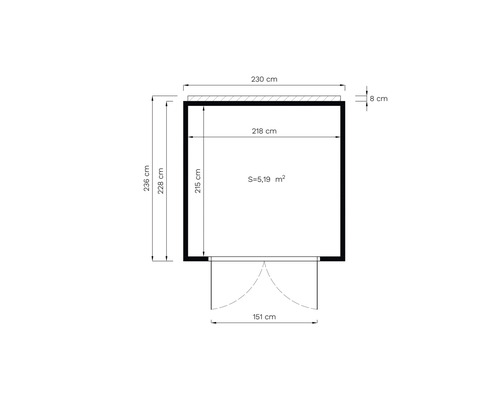 Plattegrondtekening met afmetingen 230 centimeter breed, 236 centimeter hoog en 5,19 vierkante meter oppervlakte