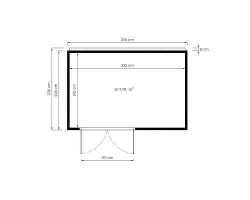 Plattegrond met afmetingen: 345 cm breed, 236 cm hoog, oppervlakte 7,79 m²