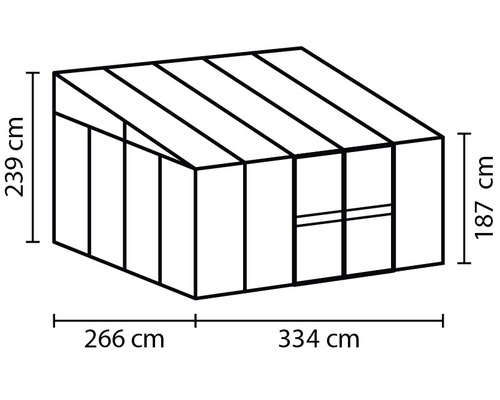 Afbeelding van een kas met de afmetingen 239 centimeter hoog, 266 centimeter lang, 334 centimeter lang en 187 centimeter hoog.