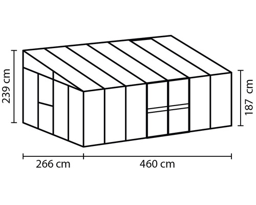 Afbeelding van een kas met de afmetingen 266 cm, 460 cm, 239 cm en 187 cm.