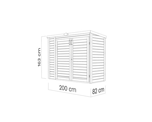 Afbeelding van een gereedschapsschuur met de afmetingen 163 cm hoog, 200 cm breed en 82 cm diep.