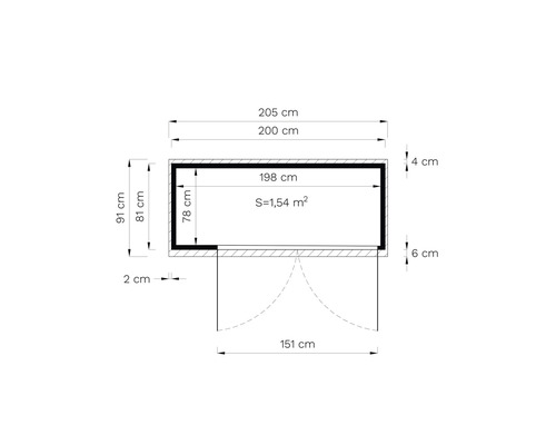Technische tekening van een tuinhuis met afmetingen in centimeters