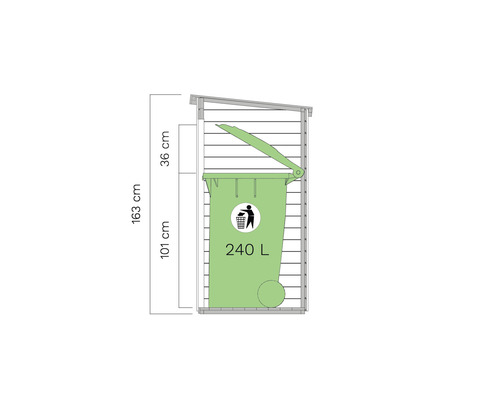 Zijaanzicht van een afvalcontainerberging met afmetingen 163 cm hoog, 101 cm diep en 36 cm dakhoogte